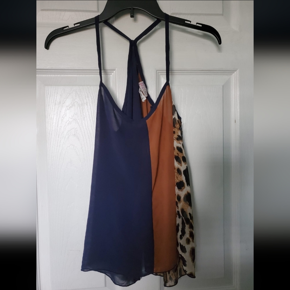 Celine Tri-Color Racer Back Style Leopard, Navy, and Tan Pattern Chiffon Top
